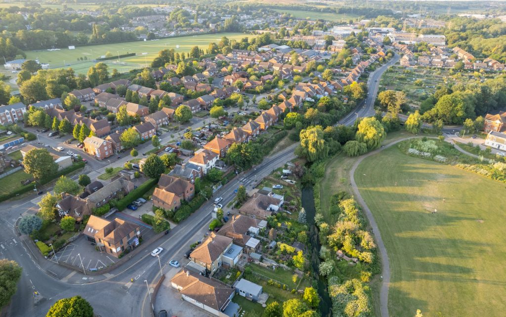 Drone aerial scenery of Canterbury city in Kent United Kingdom. Top view scenery of villages